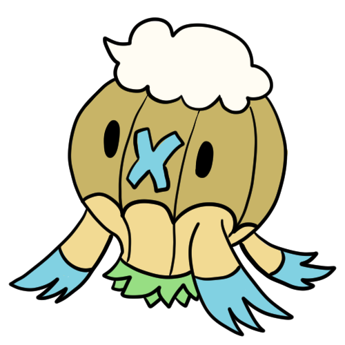 A drawing of the Pokémon Drifblim but it’s yellow instead of purple and its accent colour is blue instead of yellow.
